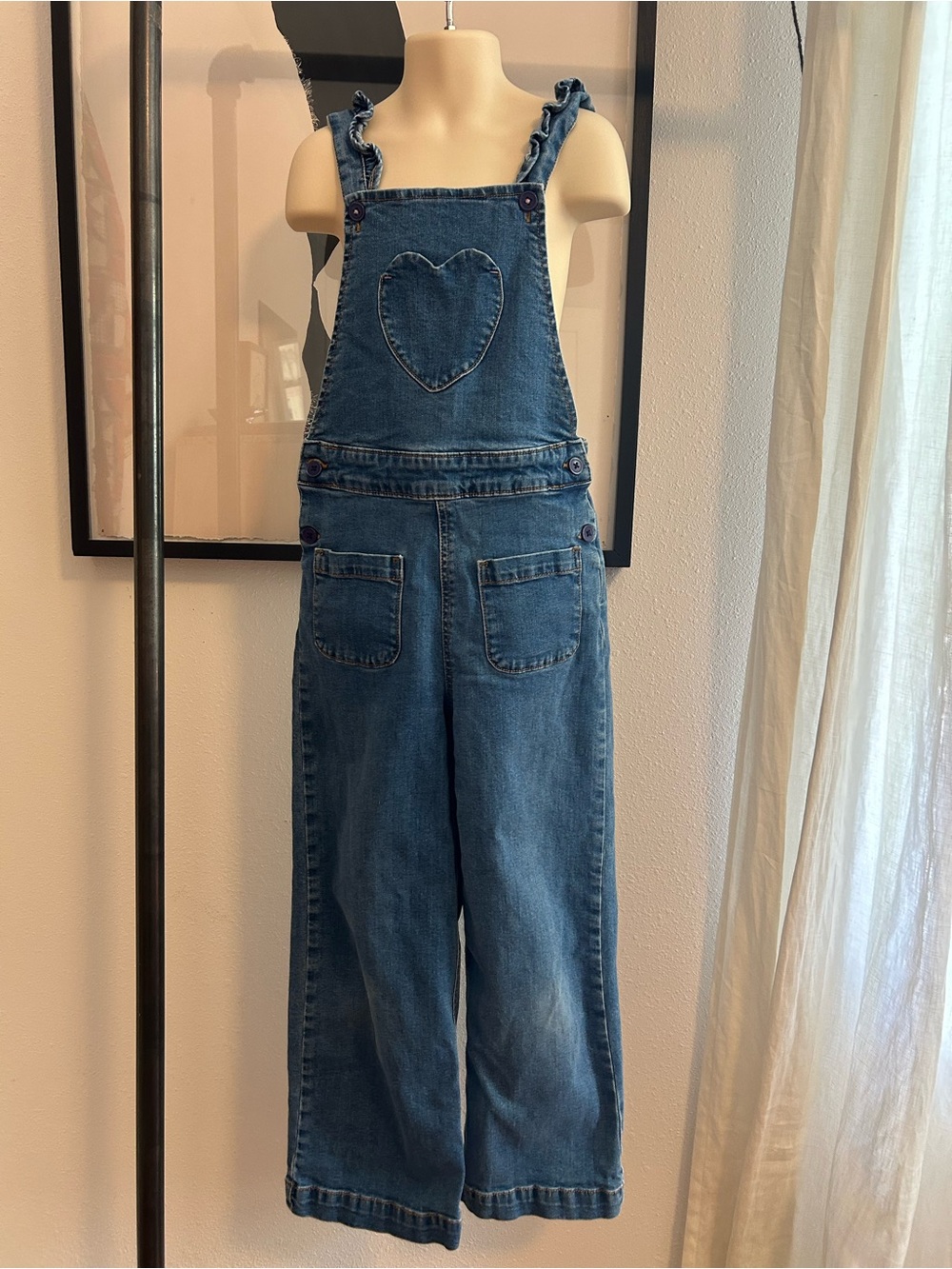 Mini Boden Girls Straight Leg Denim Overalls with Heart Pocket — Size 7-8Y